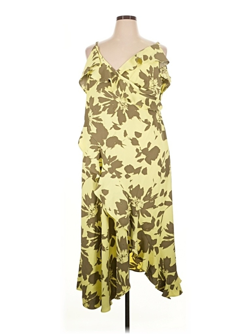 DKNY Yellow and Brown Floral Ruffle Asymmetrical Hem Dress Plus Size 16